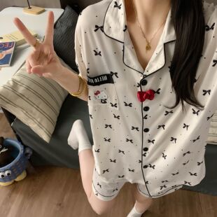 睡衣女士短袖 夏天带胸垫简约甜美INS夏季 可出门凯蒂猫家居服套装