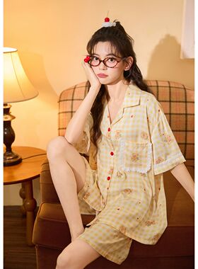 2026年夏季新款可爱小熊格子短袖冰丝睡衣女卡通凉感家居服套装