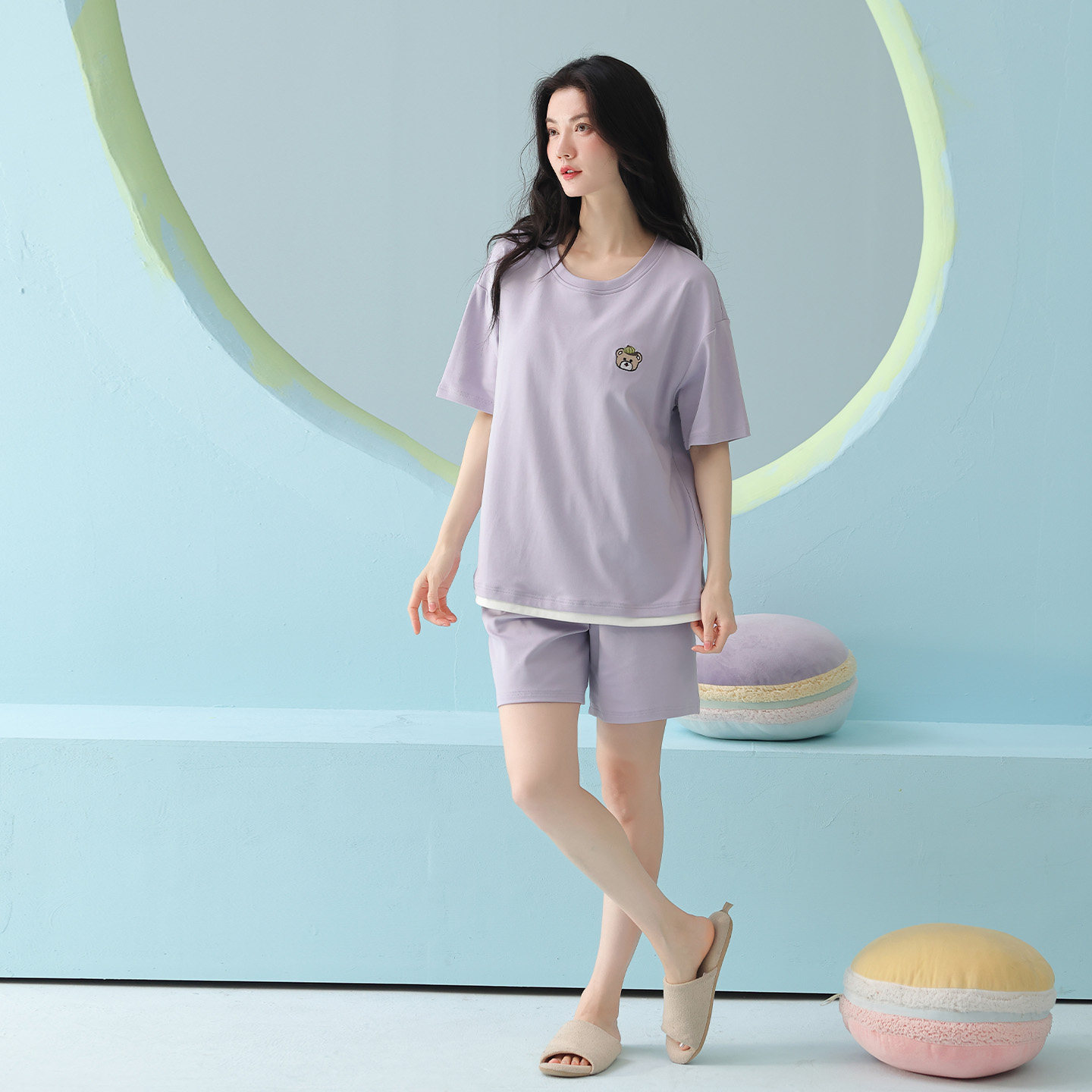芬腾可安纯棉睡衣女夏季带胸垫短袖家居服套装可外穿棉质亲肤透气