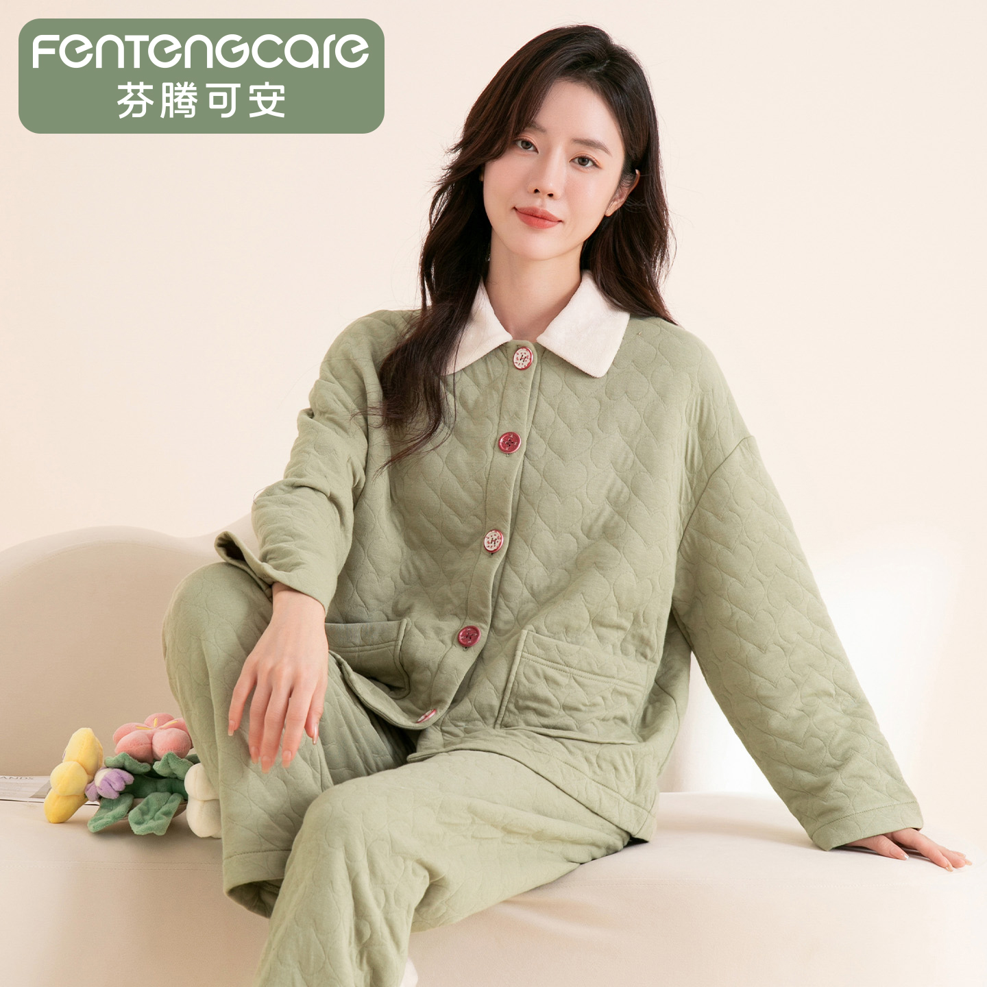 芬腾可安睡衣女秋冬款厚款保暖棉袄套装可外穿家居服甜美可爱翻领