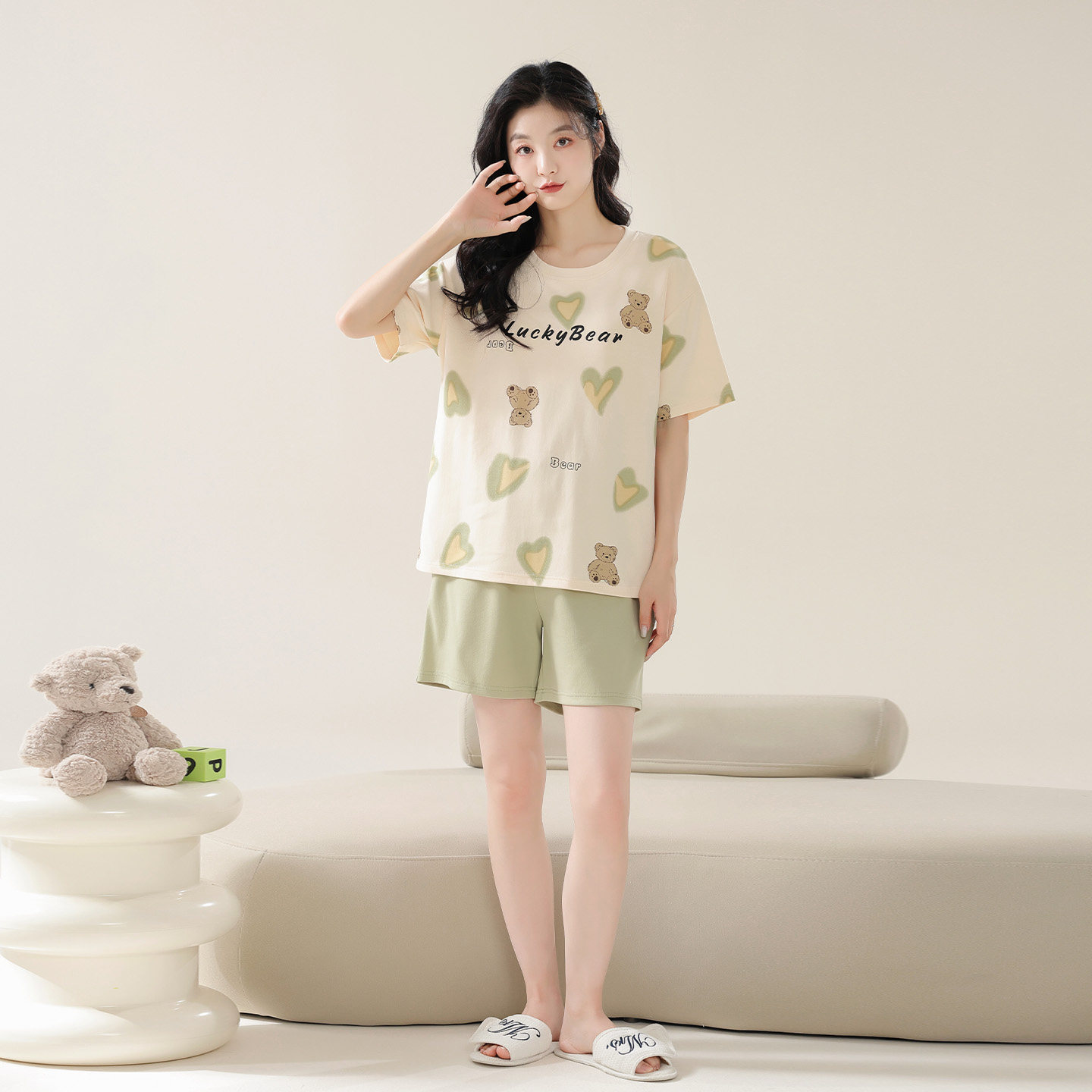 芬腾可安睡衣女夏季纯棉短袖短裤小熊印花可外穿家居服套装棉质