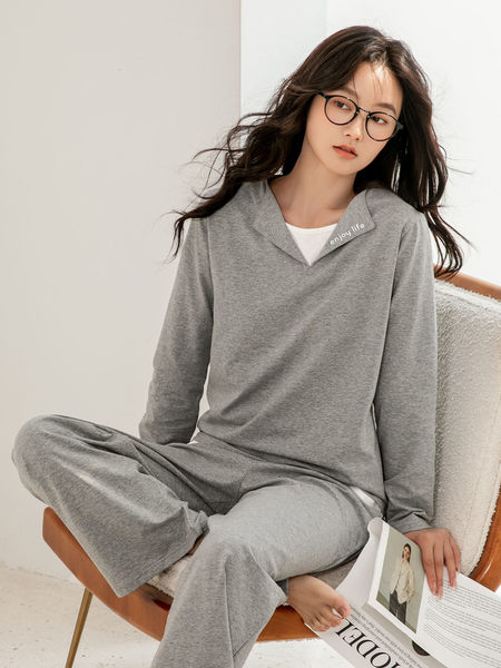 Gray long-sleeve loungewear set worn by a model