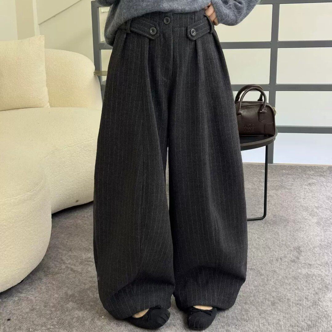 秋冬高腰竖条纹休闲阔腿女长裤