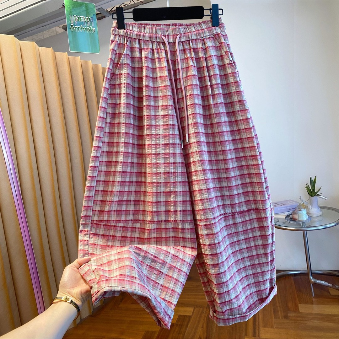韩版粉格高腰九分弯刀裤女夏薄
