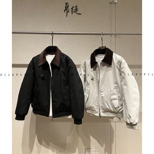 复古老钱巴恩风撞色灯芯绒翻领90白鸭绒羽绒服外套情侣短款羽绒衣