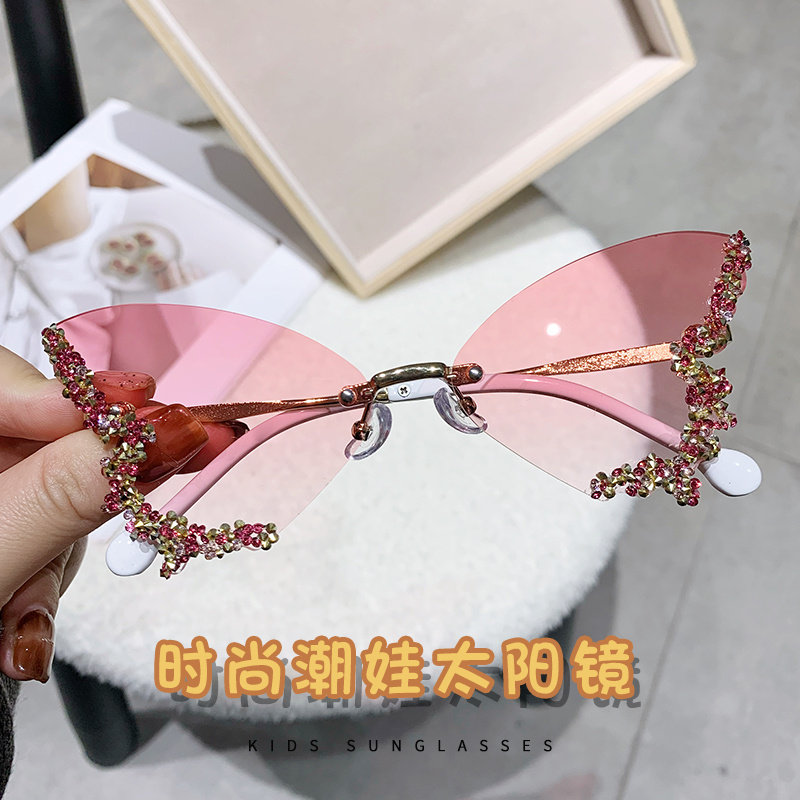 新款无框儿童蝴蝶镶钻金属太阳镜男女童出游防紫外线遮阳儿童墨镜