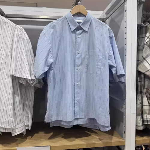日单男/女装夏季宽松条纹衬衫短袖衬衣休闲百搭上衣477648/477643