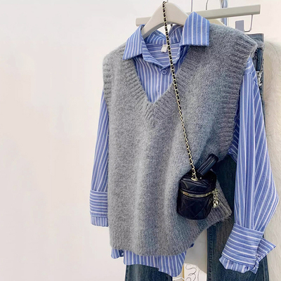 灰色设计感小众针织马甲女款春秋小个子坎肩外穿内搭毛衣背心马夹