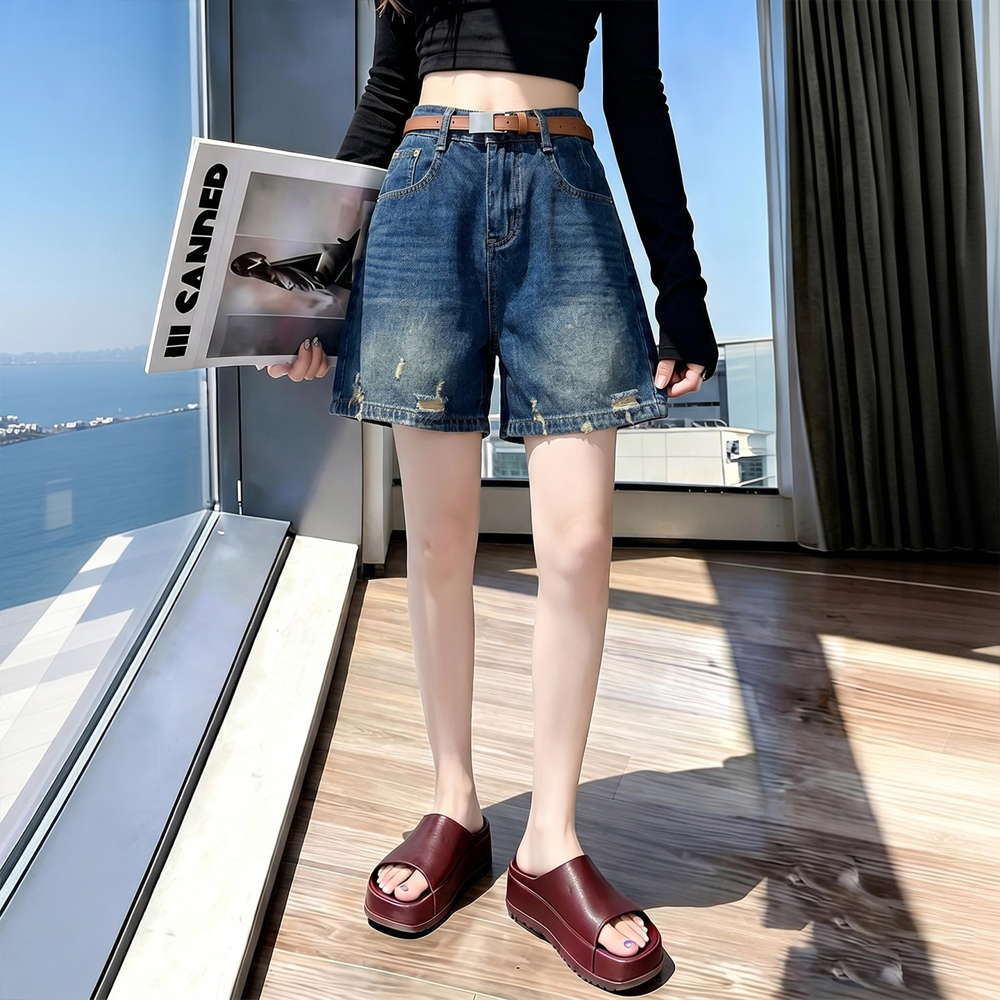 高腰破洞牛仔短裤女2026夏季显瘦水洗阔腿宽松直筒三分裤休闲中裤