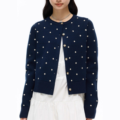 SAME OLD藏蓝色新款复古波点满印毛衣针织开衫女外套百搭显瘦