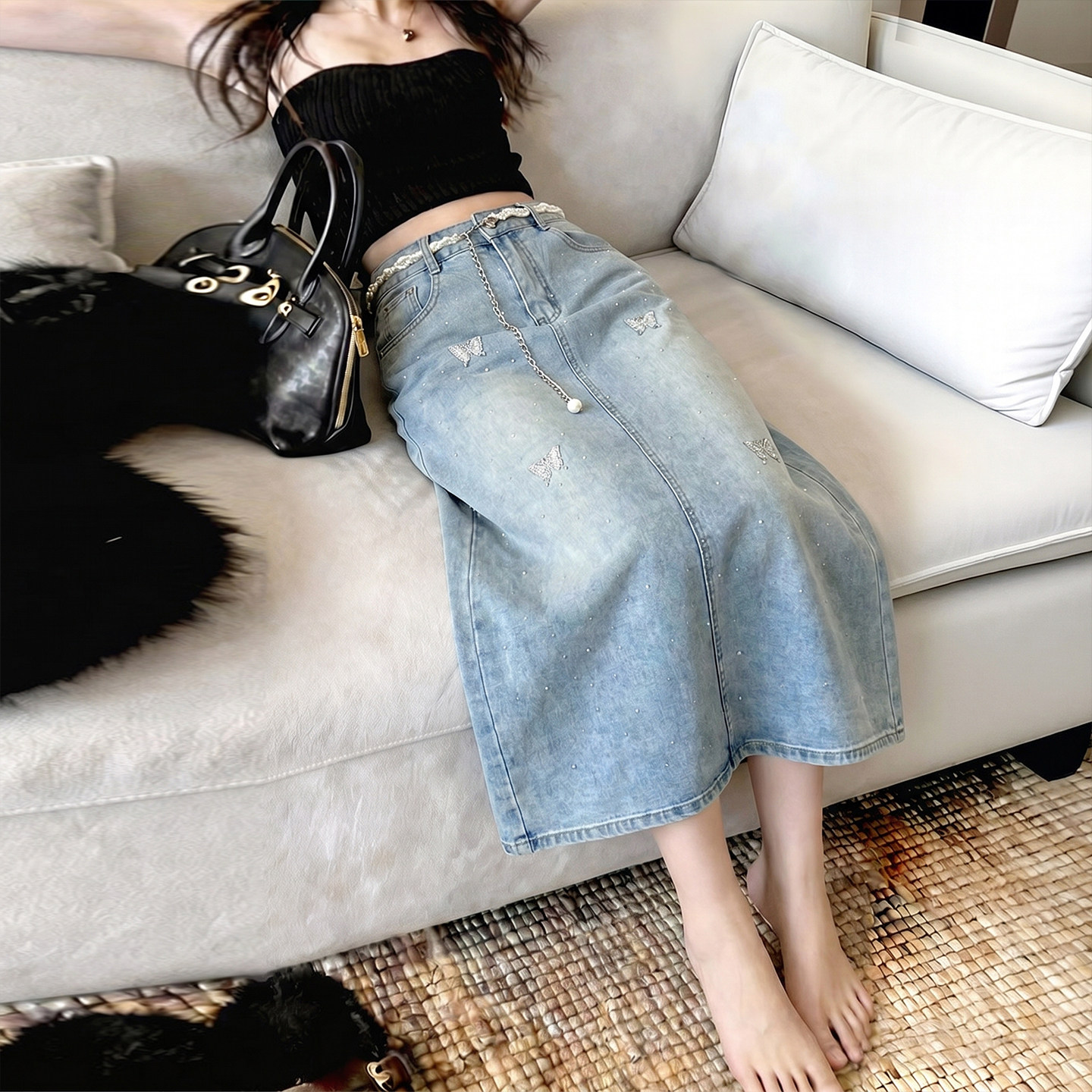 蝴蝶烫钻牛仔半身裙女2026夏高腰A字显瘦中长款浅色水洗牛仔长裙