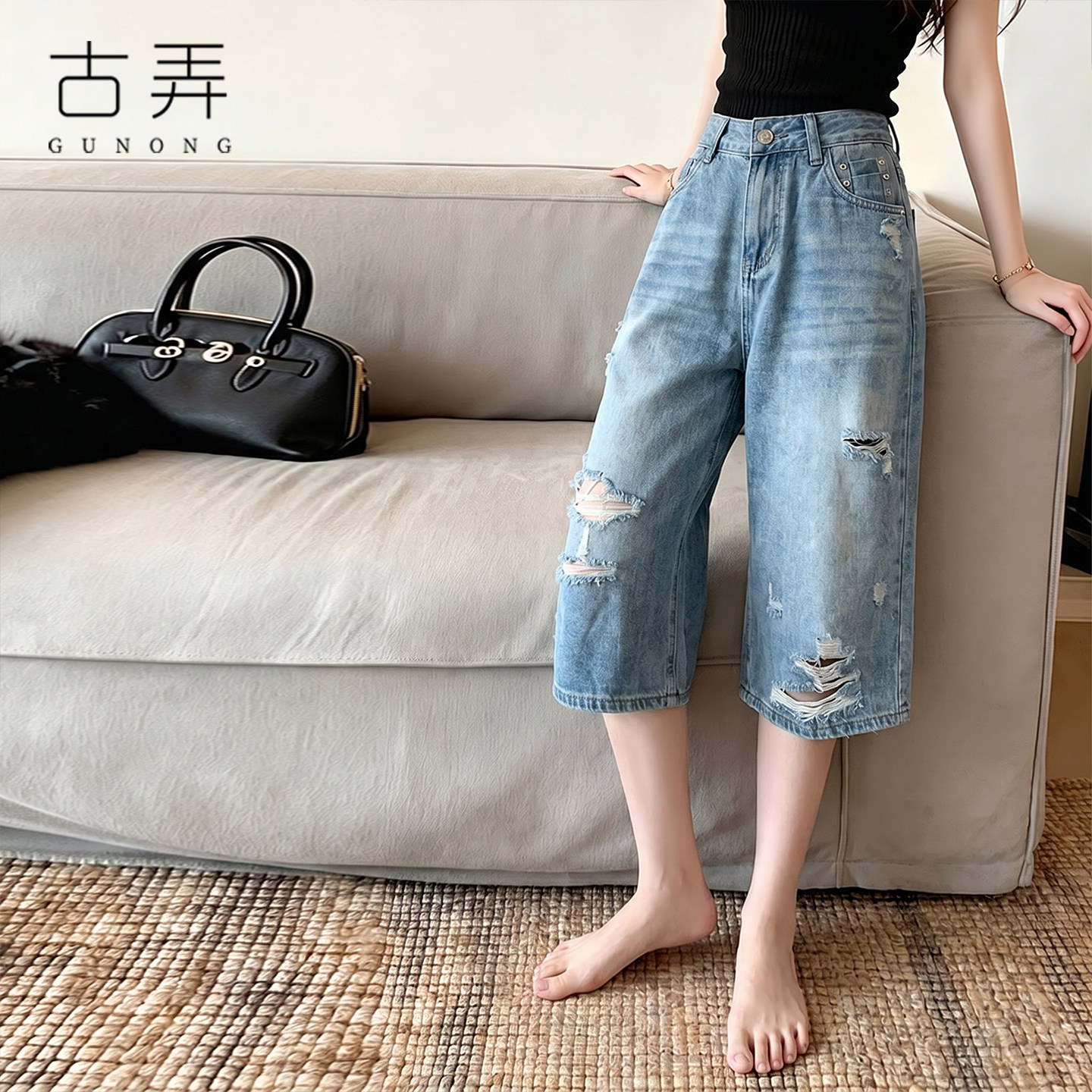 浅蓝破洞阔腿七分牛仔裤女2026夏季薄款高腰水洗宽松显瘦梨形中裤