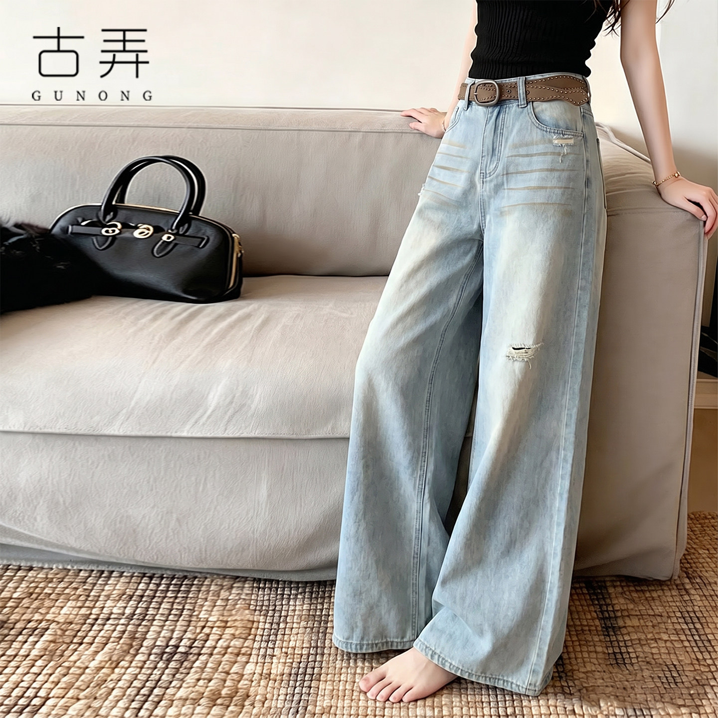 美式复古浅蓝做旧破洞阔腿牛仔裤女2026夏季薄款宽松梨型身材裤子