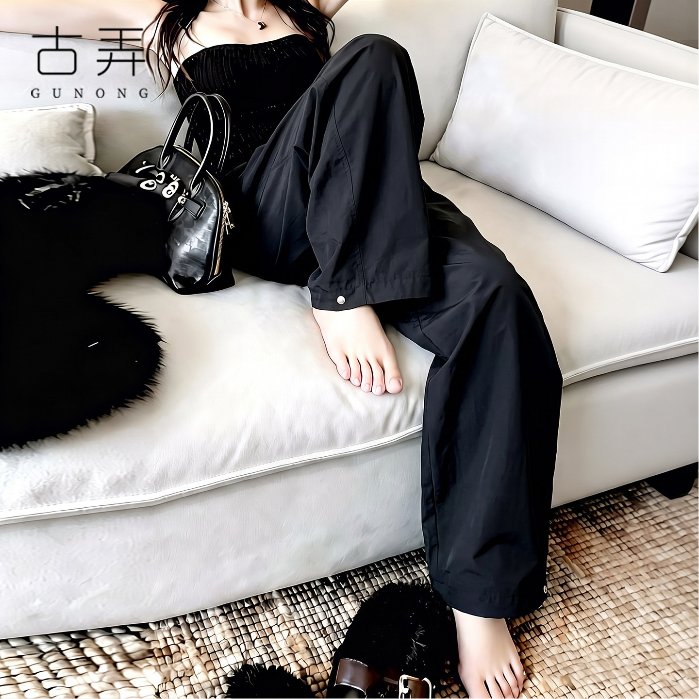 松弛风裤脚可调节扣饰阔腿休闲裤轻薄透气胯宽女生宽松显瘦直筒裤