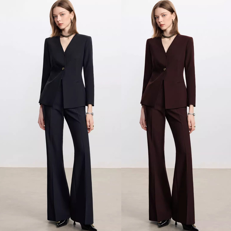AD春秋V领职业装办公室海妖风西装套装女时尚气质百搭职业阔腿裤