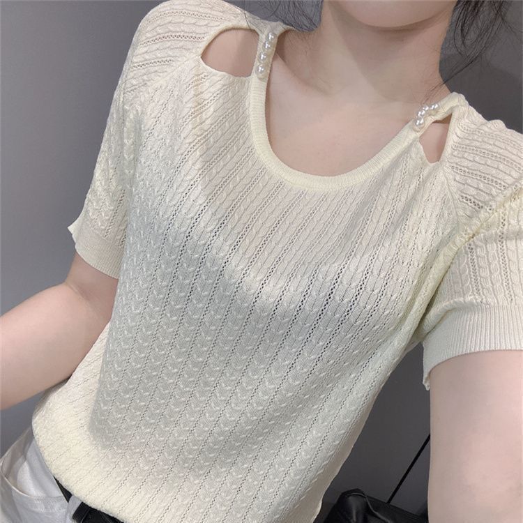 欧洲站夏新款冰丝针织衫女设计感钉珠气质宽松显瘦露锁骨短袖上衣