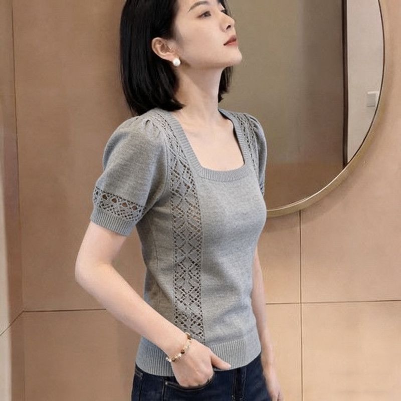 超好看显瘦韩系ins胖MM洋气方领短袖纯色针织衫女夏季新款上衣女