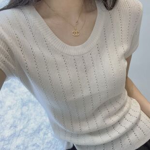 夏季新款针织短袖T恤上衣女纯色U型领镂空小心机设计感修身百搭潮
