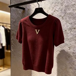 高级感酒红色针织短袖毛衣26夏季新款气质韩版精致正肩宽松上衣女