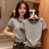 女夏季 针织衫 2026春夏韩系撞色圆领拼接短袖 洋气上衣 专柜正品