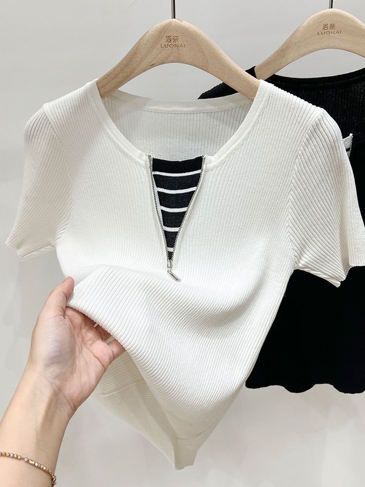 大码女装短袖显瘦遮肚子针织衫女休闲设计师小众风打底衫上衣ins