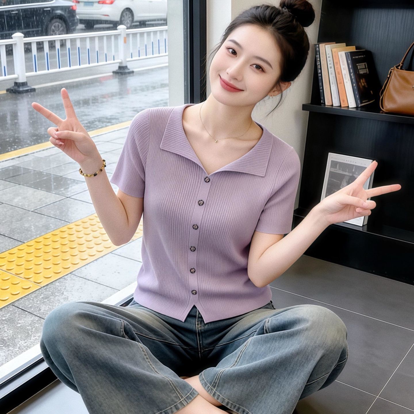 微胖MM穿搭夏季慵懒风简约休闲冰丝短袖针织衫新款减龄显瘦上衣女