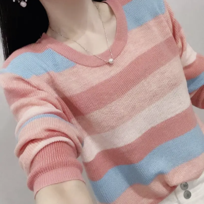 早秋薄款条纹遮肚ins彩色彩虹拼色百搭内搭宽松显瘦套头针织衫女