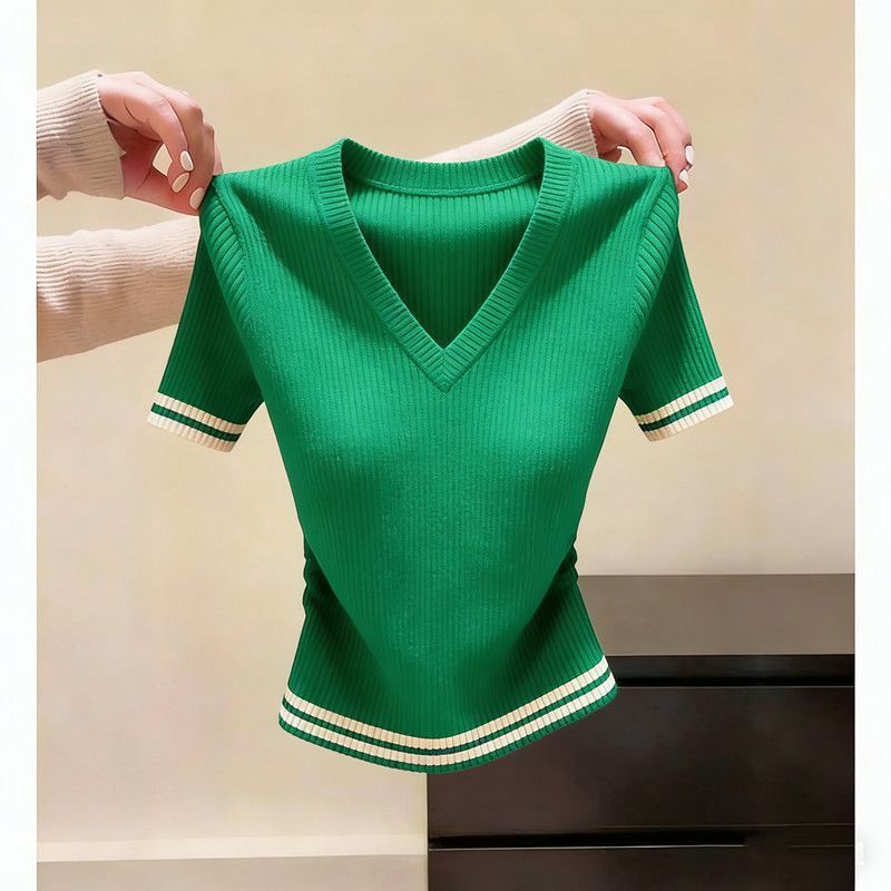 胖MM洋气V领短袖纯色针织衫女夏季新款超好看修身显瘦时尚上衣潮