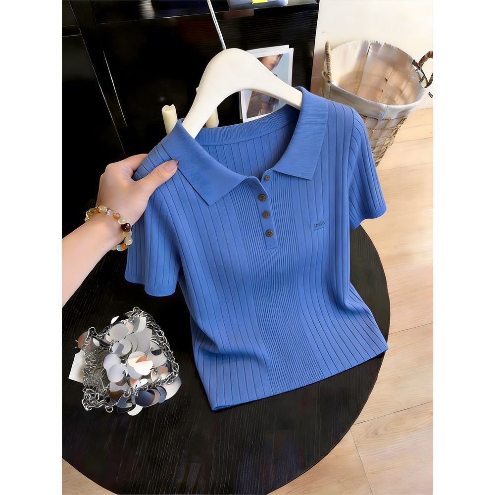 新品夏季韩版蓝色针织POLO衫高级感休闲百搭显瘦时尚纯色短袖t恤