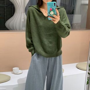 墨绿色翻领针织衫女套头显瘦保暖宽松氛围感毛衣上衣