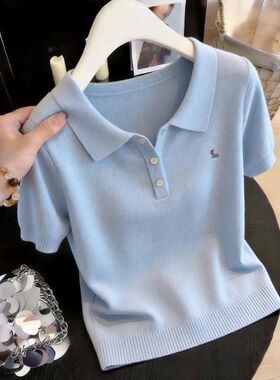【80-200斤】Polo领冰丝短袖女半开领纽扣刺绣温柔风软糯T恤上衣