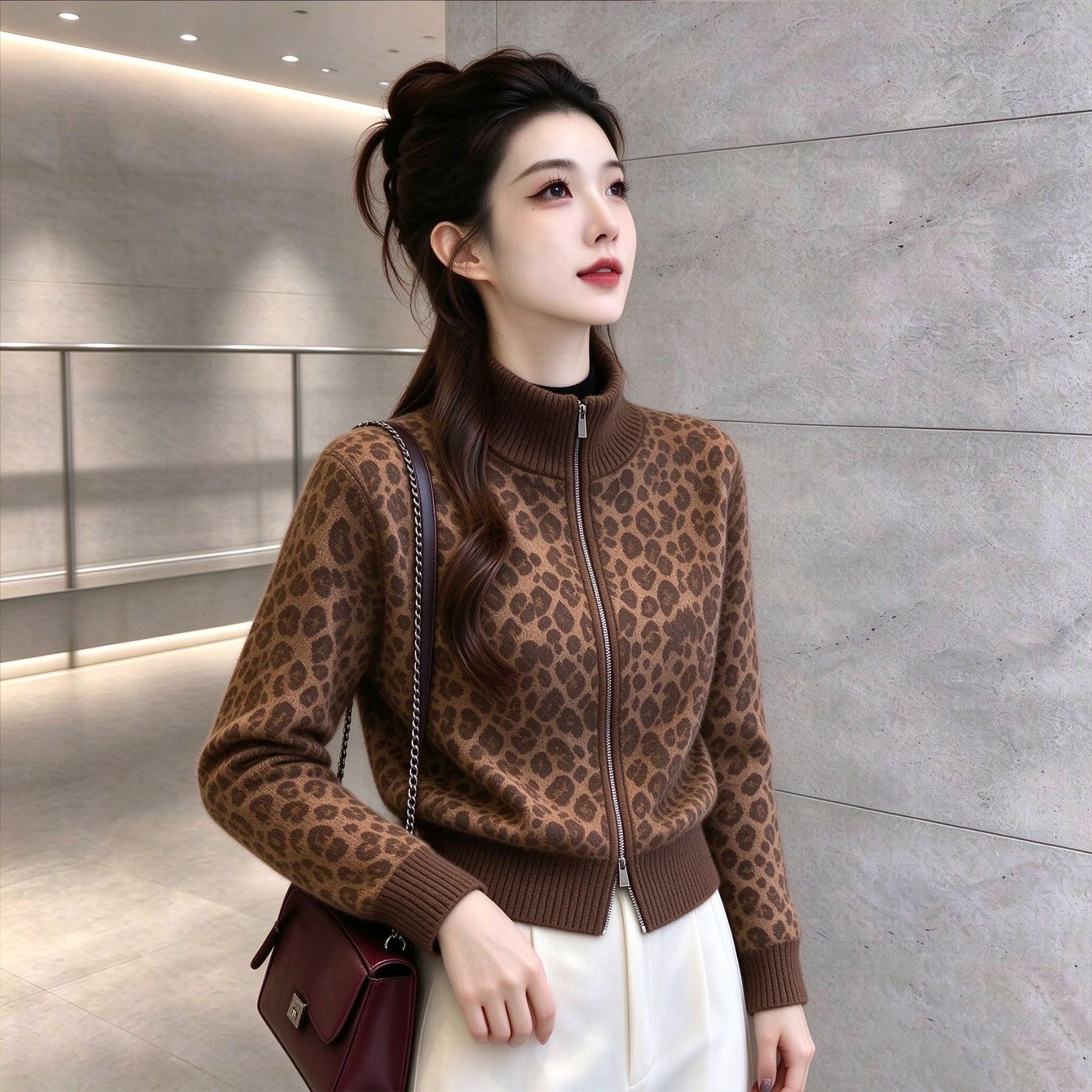 复古豹纹风立领拉链针织开衫女秋季百搭短款毛衣外套洋气