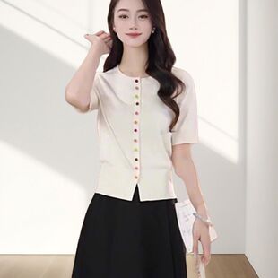 多巴胺彩色单排扣设计冰丝针织开衫女短袖针织开衫洋气时尚上衣女