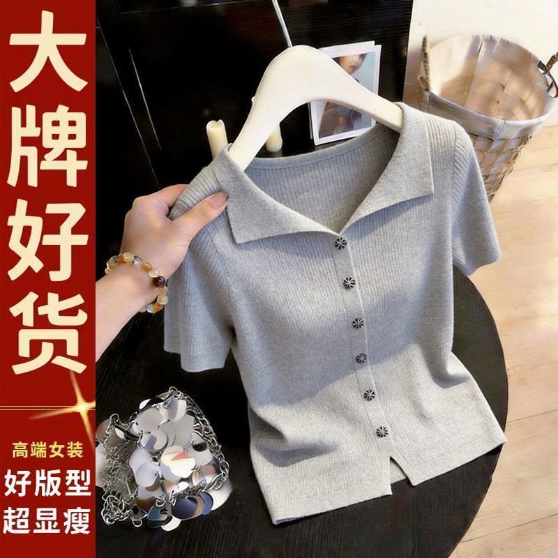 胖MM复古chic翻领下摆开叉设计感冰丝短袖T袖夏季高级感洋气上衣