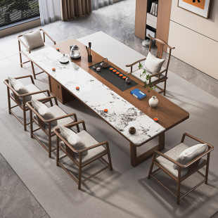 新中式 实木茶桌岩板带柜一体茶台实木办公室高级感泡茶台2026新款