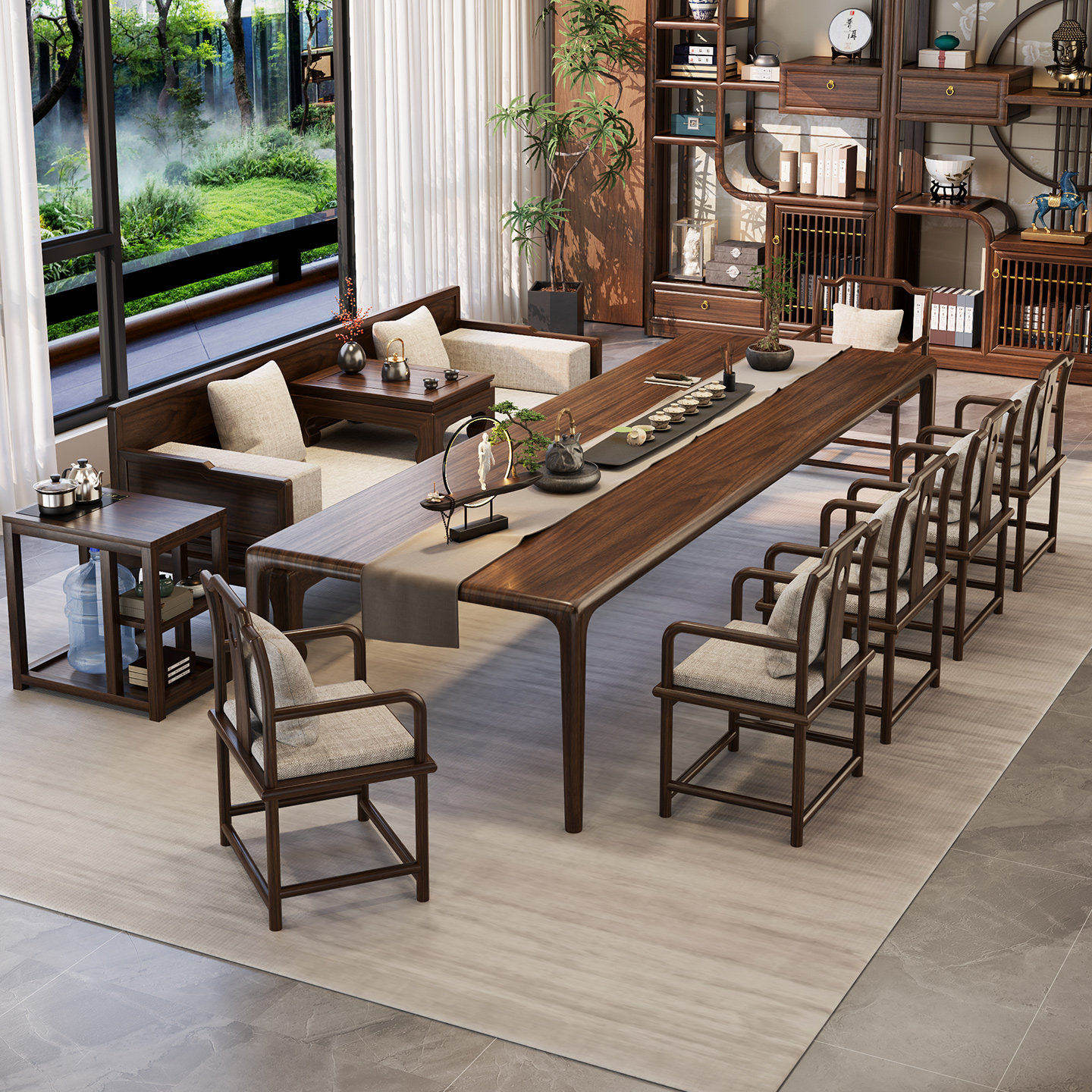 新中式胡桃木茶桌椅组合宋式美学客厅家用罗汉床榻高端实木茶台