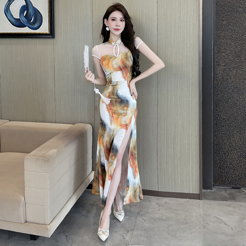 法式复古油画风露背吊带连衣裙女
