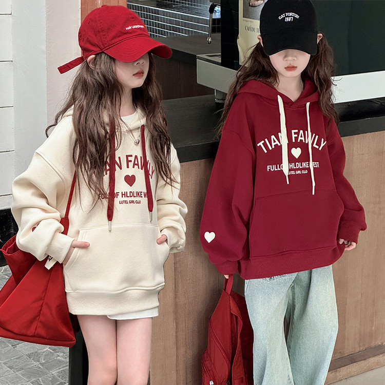女童秋装爱心字母连帽卫衣潮范外套2025新款儿童帽衫童装针织上衣