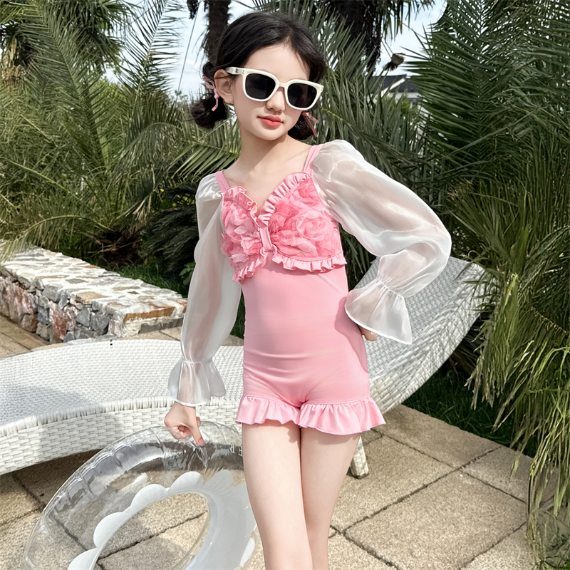 女童泳衣2025新款儿童连体泳装女孩中大童夏季时尚长袖防晒游泳衣