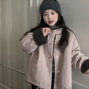 韩版休闲风粉色羊羔毛外套女孩夹棉加厚毛毛衣冬季宽松短款棉服潮