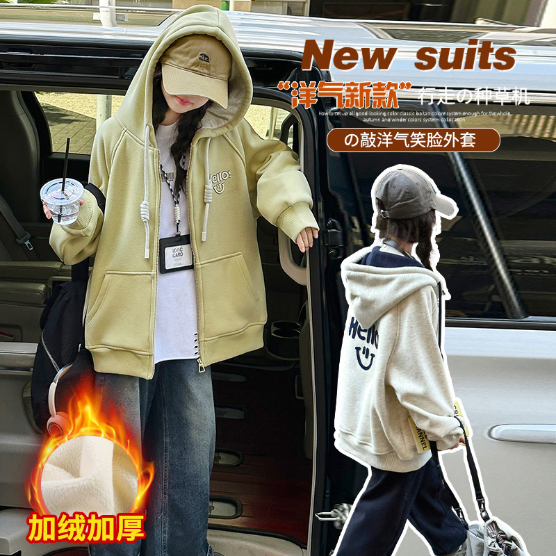 女童冬季加绒外套学生连帽卫衣潮