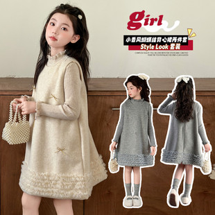 女童秋冬拜年服新款儿童加绒小香风背心连衣裙毛呢中大童年服裙子