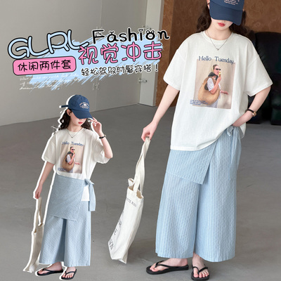 夏季女童卡通T恤屁帘阔腿裤套装