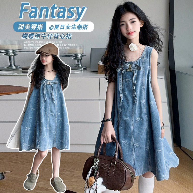 女童连衣裙夏季2025新款儿童洋气中大童女孩牛仔背心裙蝴蝶结裙子