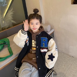 女童棒球服2024秋冬新款加绒外套中大童洋气卫衣撞色复合棉上衣潮