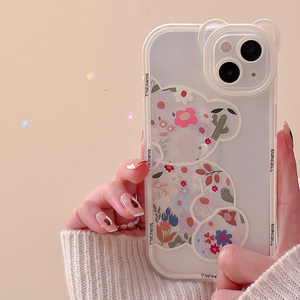 彩色清新花朵iPhone12手机壳13promax可爱小熊xr透明11适用苹果xs