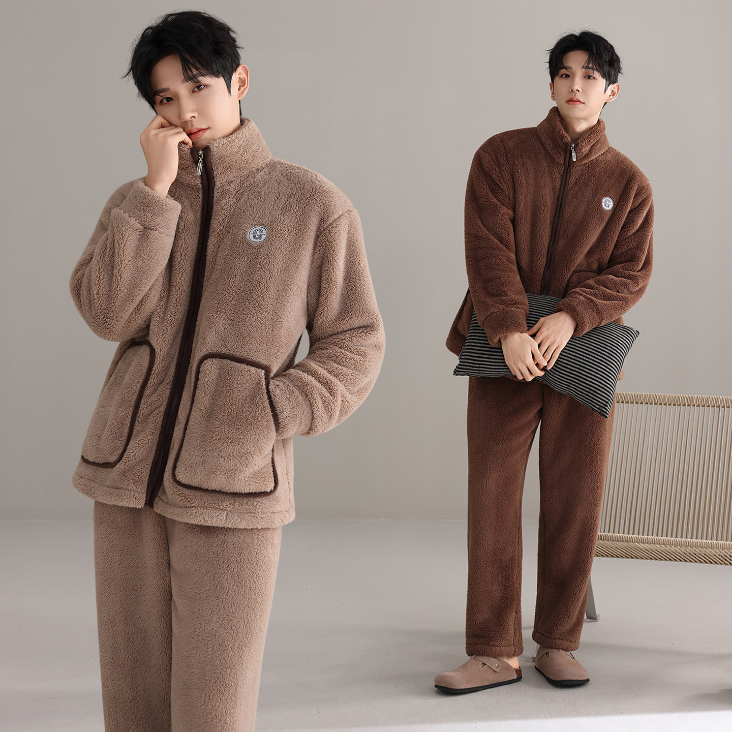 冬季款男士雪花珊瑚绒睡衣拉链立领保暖套装加绒加厚家居服可外穿