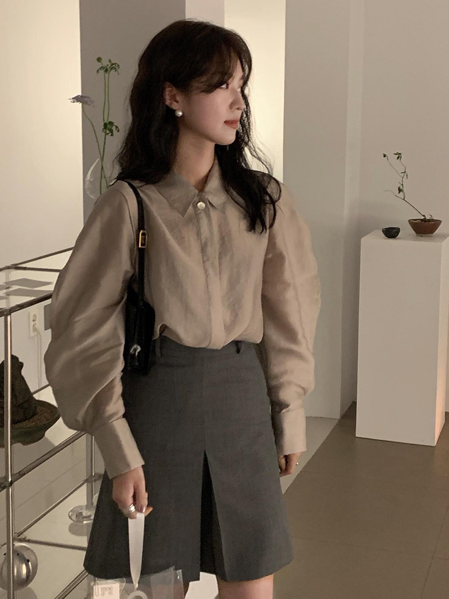 韩国Ged 设计感小众纯色天丝衬衣 2025春羊毛A字半身裙气质套装女