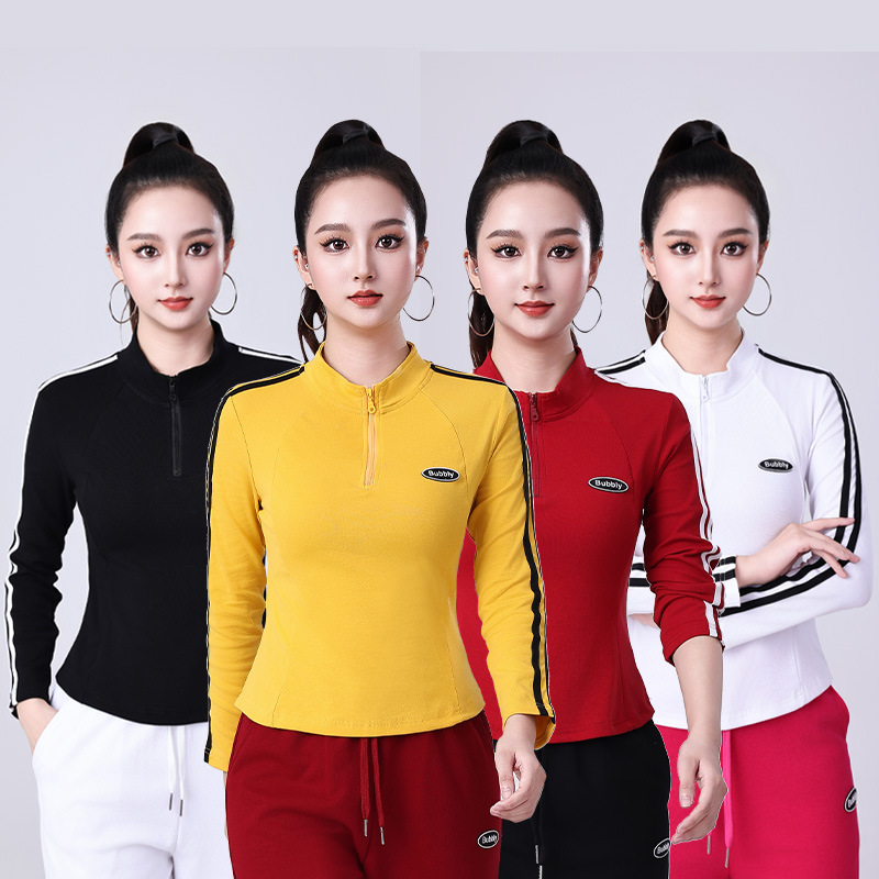 新款广场舞上衣长袖半拉链立领运动户外跑步女士上衣棉舞蹈健身操