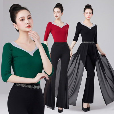 形体训练服装女镶钻莫代尔模特走秀练功服套装高端喇叭裤气质礼仪